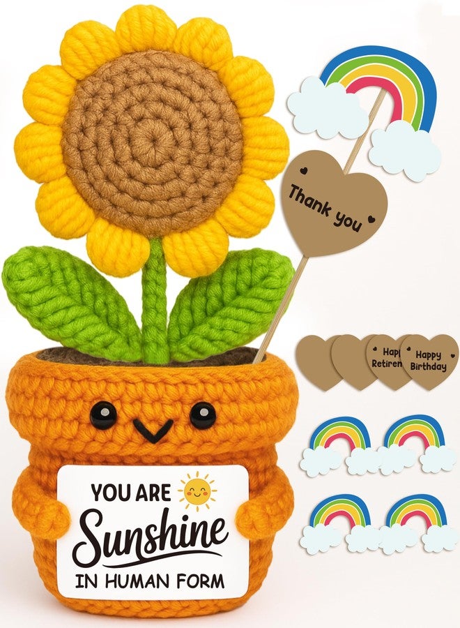 Frabaca Positive Mini Crochet Sunflower Christmas Desk Decor - You Are Sunshine - Appreciation Gift for Coworker, Teacher, Friend, Employee - Encouragement Plush for Office, Birthday, Thanksgiving - Image 1